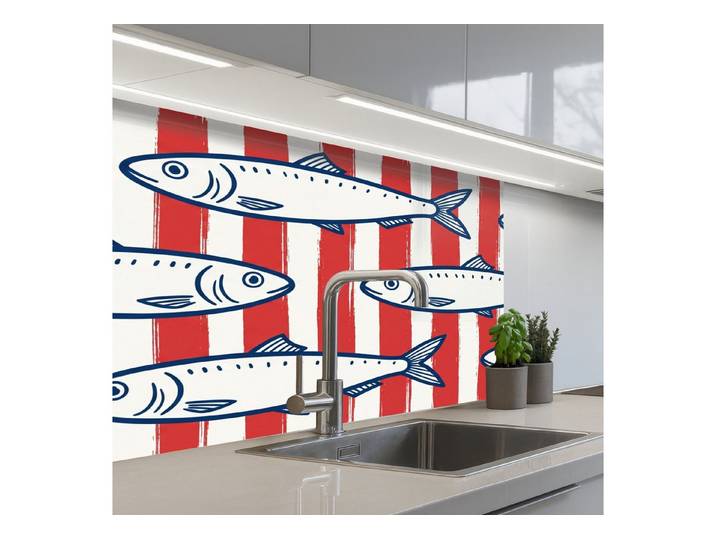 KitchenYeah Küchenrückwand selbstklebend (keine Folie) Fisch – Muster – Streifen – Illustration –, (1-tlg), Spritzschutz, Küche, Rückwand, Küchenwand, Küchenfront, 300x60 cm