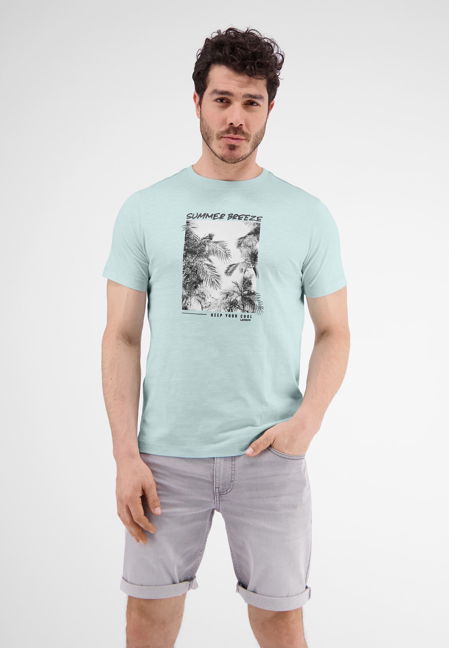 T-Shirt LERROS "T-Shirt mit Fotoprint", Herren, Gr. M, blau (tinted aqua), 100% Baumwolle, Rundhals, Shirts T-Shirt tinted aqua M