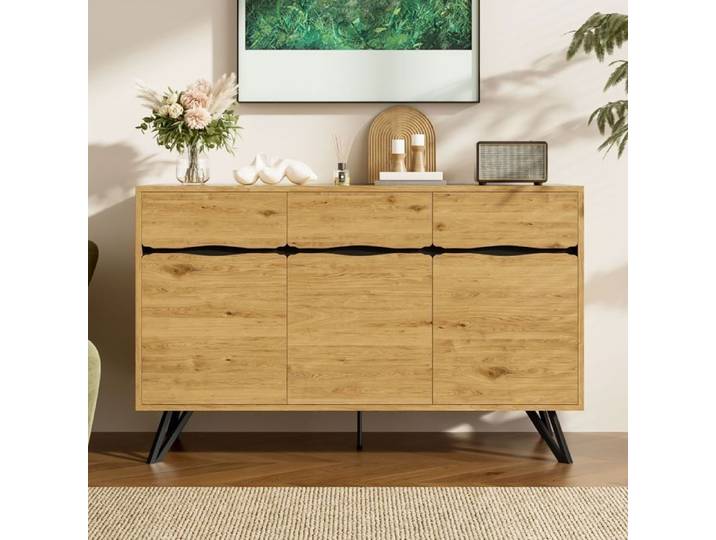 Buffet 140 L x 40 l x 75 5 H pieds en métal trois portes finition grain de bois