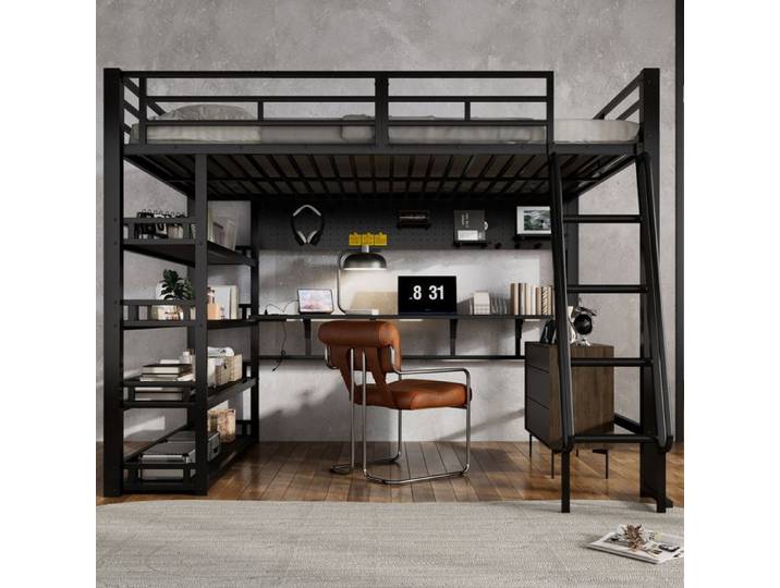 Lit mezzanine 140x200 cm avec étagères et ports de recharge lit double en métal avec rangement lit double noir