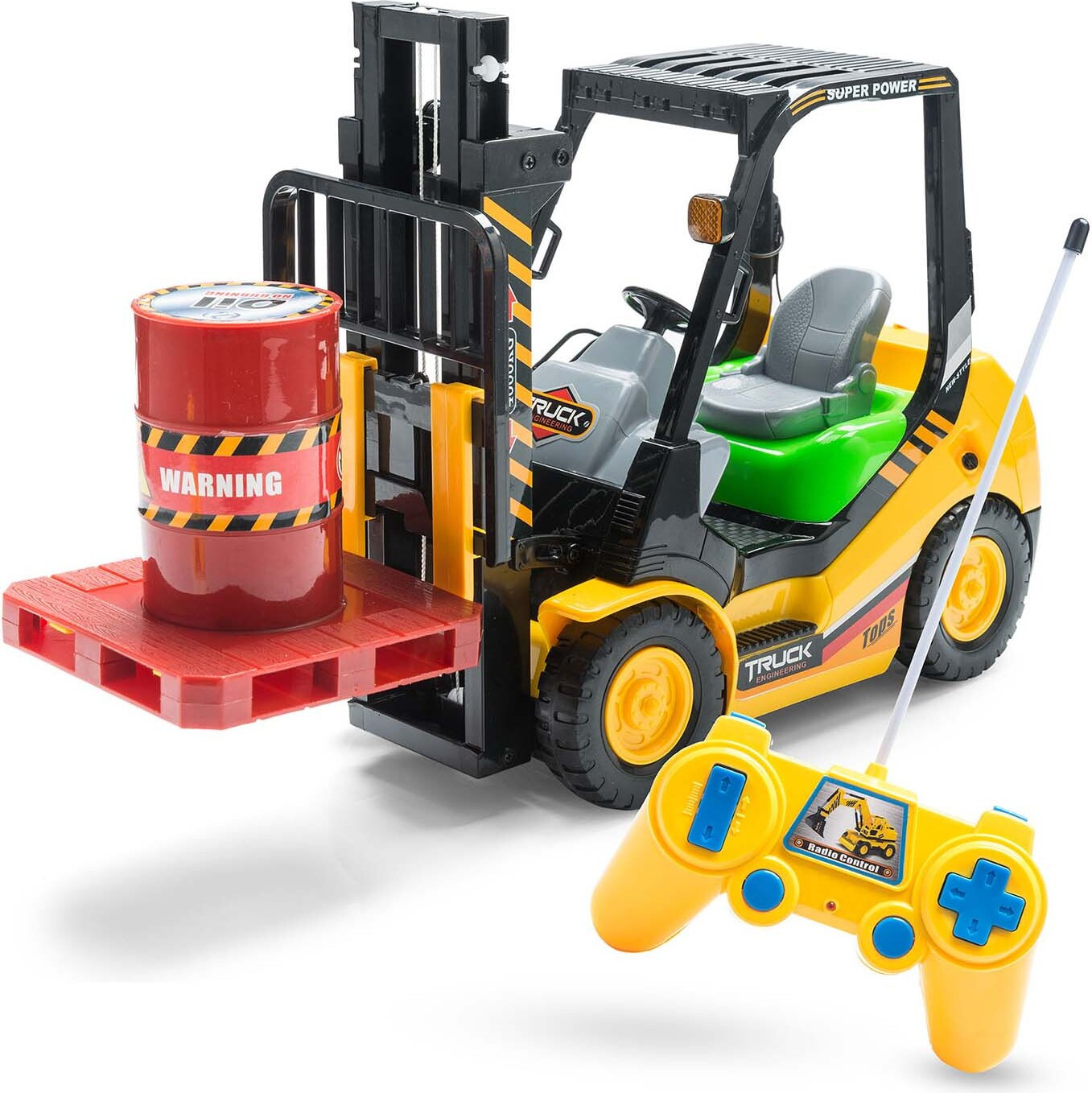 Afstandsbedienbaar model van een vorkheftruck en mini-hubwagen voor kinderen en volwassenen met accessoires