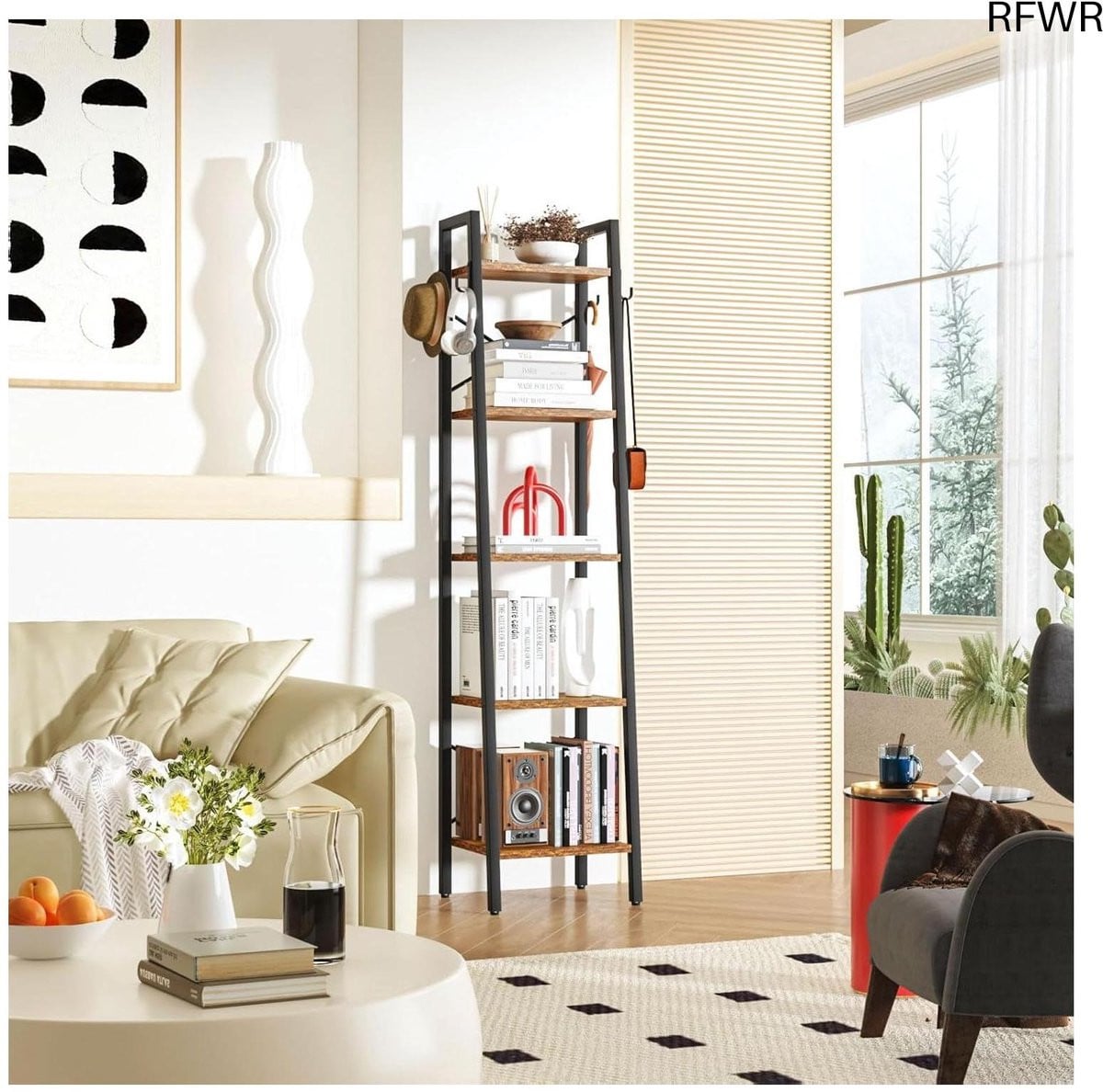RFWR Multifunctioneel Ladderrek met 5 Niveaus - Industrieel Houten Boekenkast voor Woonkamer, Kantoor en Balkon