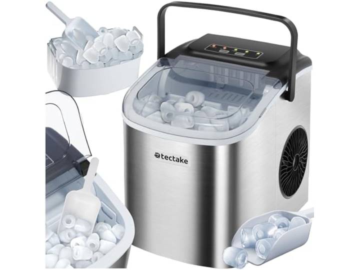 tectake® Eiswürfelmaschine, Ice Maker mit Griff, Eiswürfelbereiter, Maschine bereitet 9 Würfel in 6min, 12kg in 24h, 1,2 l Volumen, 2 Eiswürfelgrößen, selbstreinigend, mit Eisschaufel, Bar - silber