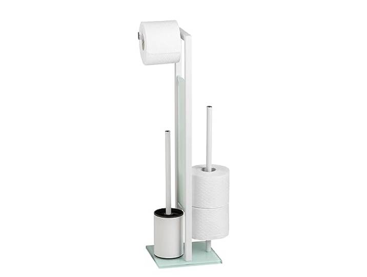 WENKO Combiné WC Rivalta 3 en 1 Brosse WC et Dérouleur Papier Toilette Stockage Papier Tête de Brosse remplaçable Acier INOX Blanc et Verre trempé 18x70x23 cm Blanc
