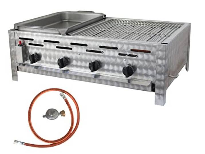 BSR-Grillen 4-flammiger Profi Gasgrill aus Edelstahl, stufenlos regelbar, Gasbräter, Gastrogrill, Gastrobräter mit Gasschlauch und Druckminderer (14,4 kW Kombigrill 2/3 Grillrost 1/3 Pfanne)