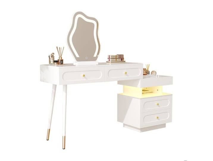 ELVORIN Coiffeuse avec miroir LED 140 x 40 x 130 cm 4 tiroirs 1 rangement ouvert meuble latéral modulable blanc
