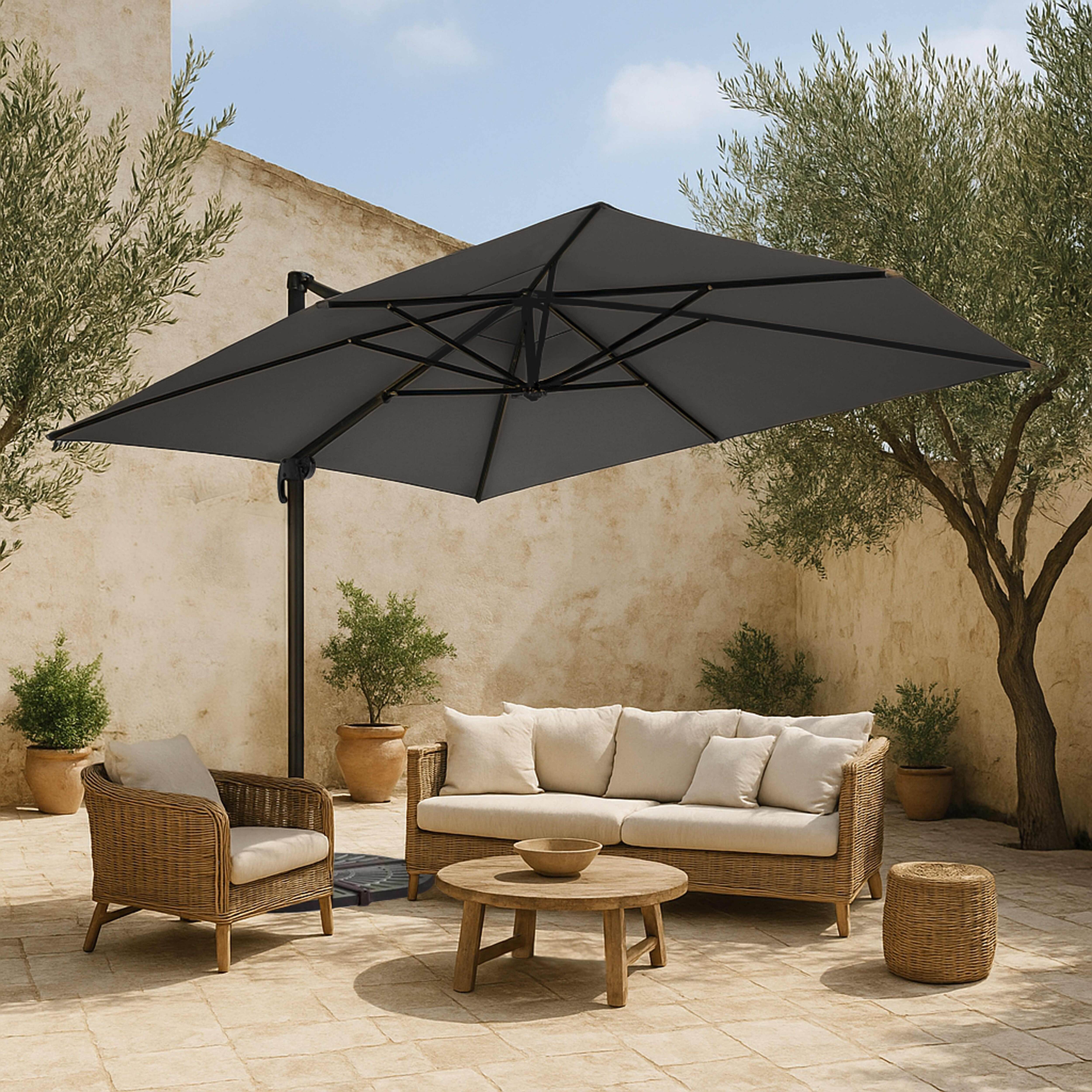 Sonnenschirm 3x4m Anthrazit Neigbar Drehbar + 4 Platten Set - Oviala Caserta