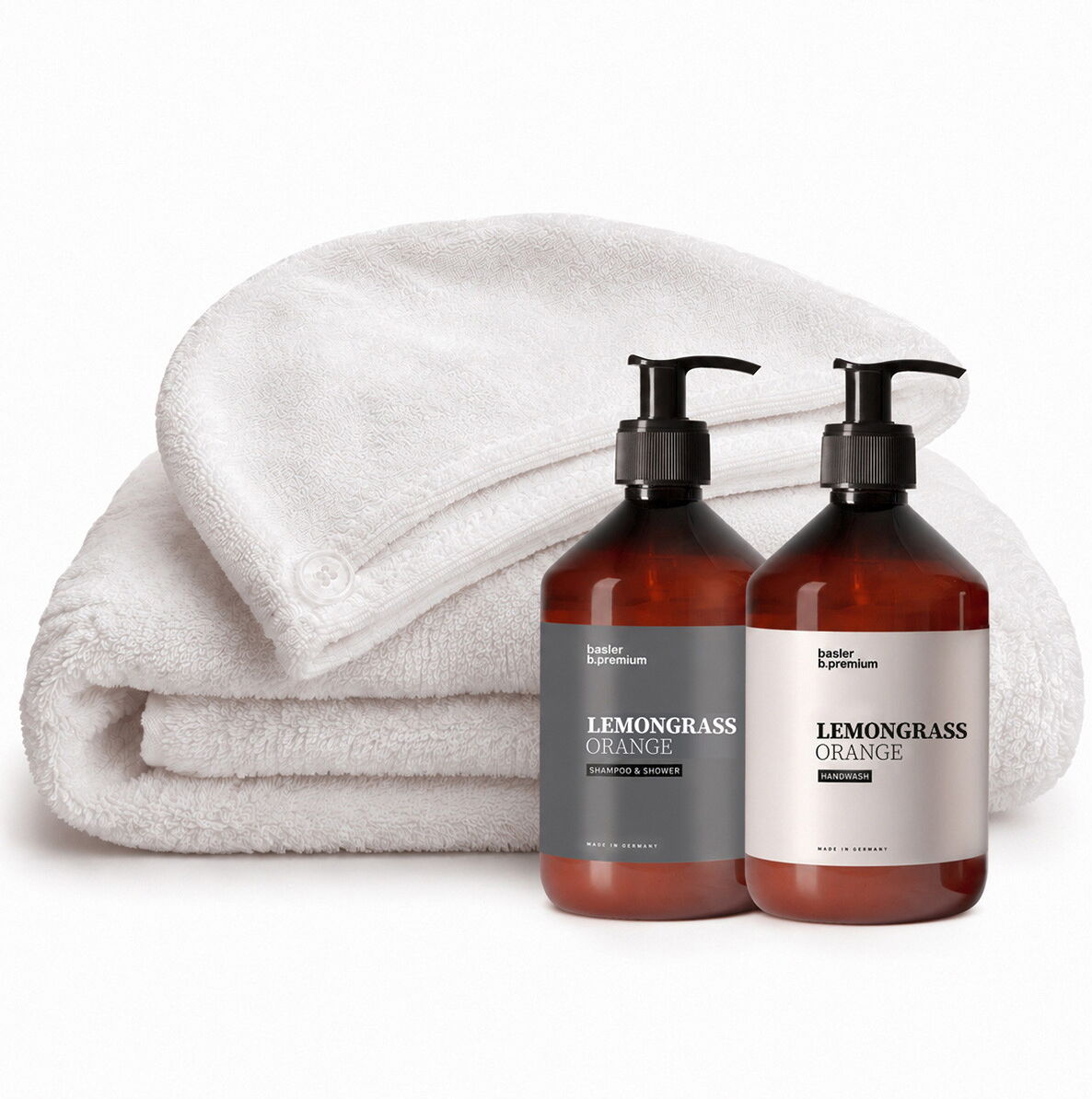 basler Lemongras Orange Shampoo & Shower Set (Handwash 500ml + Shampoo & Shower 500ml + Duschtuch + Haarturban)