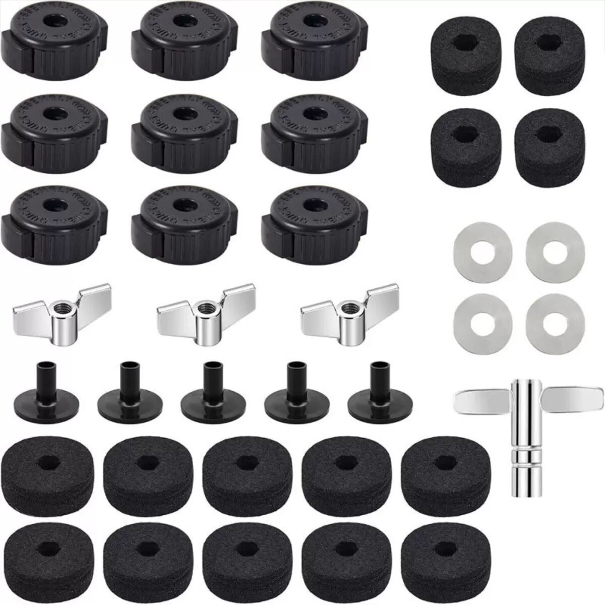 INF 36-teiliges Schlagzeug Zubehör Set – Beckenfilze, Flügelmuttern, Unterlegscheiben, Hülsen & Stimmschlüssel