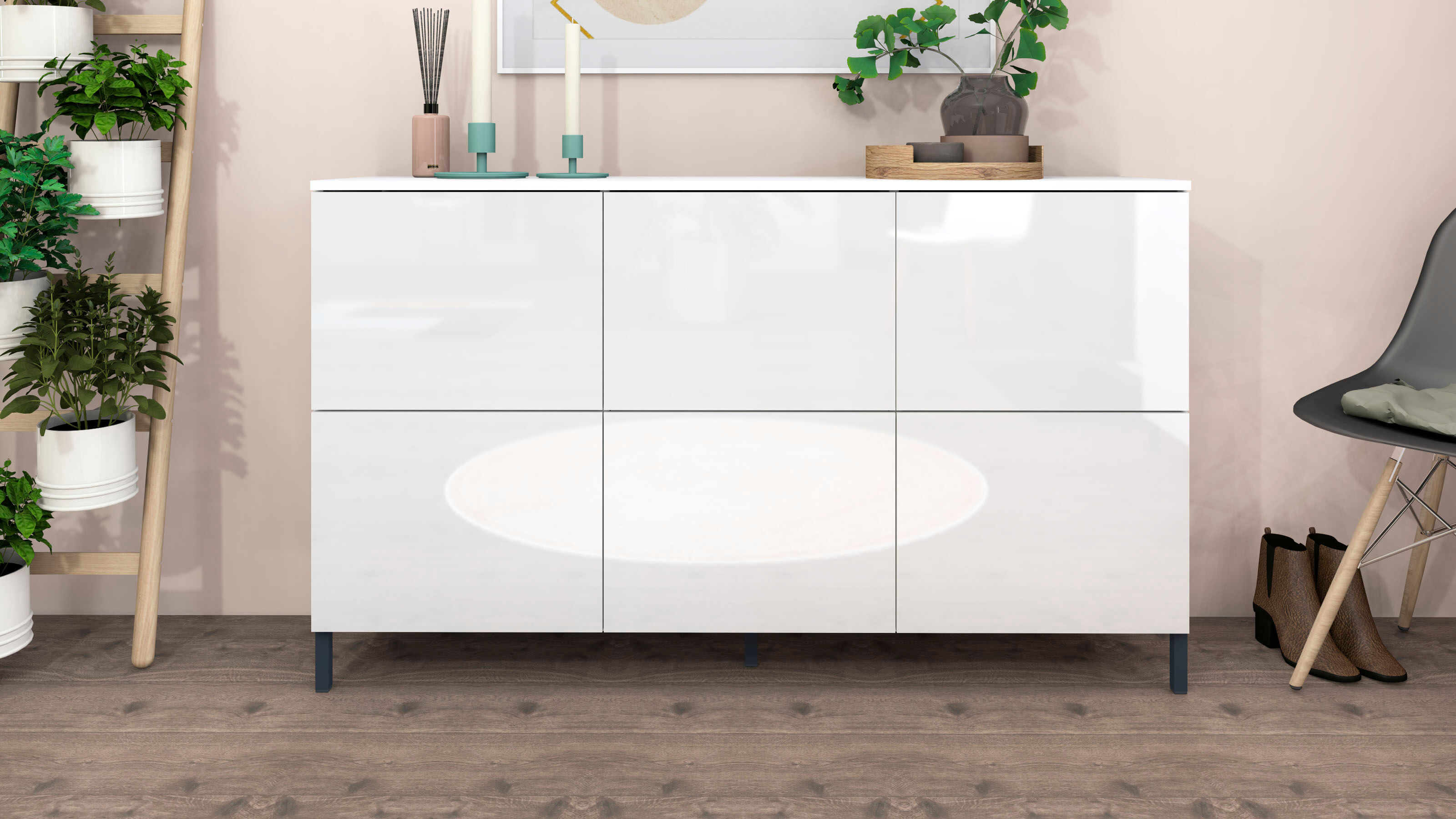 Kommode BORCHARDT MÖBEL "Haama, Sideboard mit Metallfüssen, Push-to-open-Technik, Breite 139 cm", weiss (weiß hochglanz), B:139cm H:80cm T:35cm, Holzwerkstoff, Sideboards, Kommode, Breite 139 cm weiß hochglanz B/H/T: 139cm x 80cm x 35cm, 6 Stk.