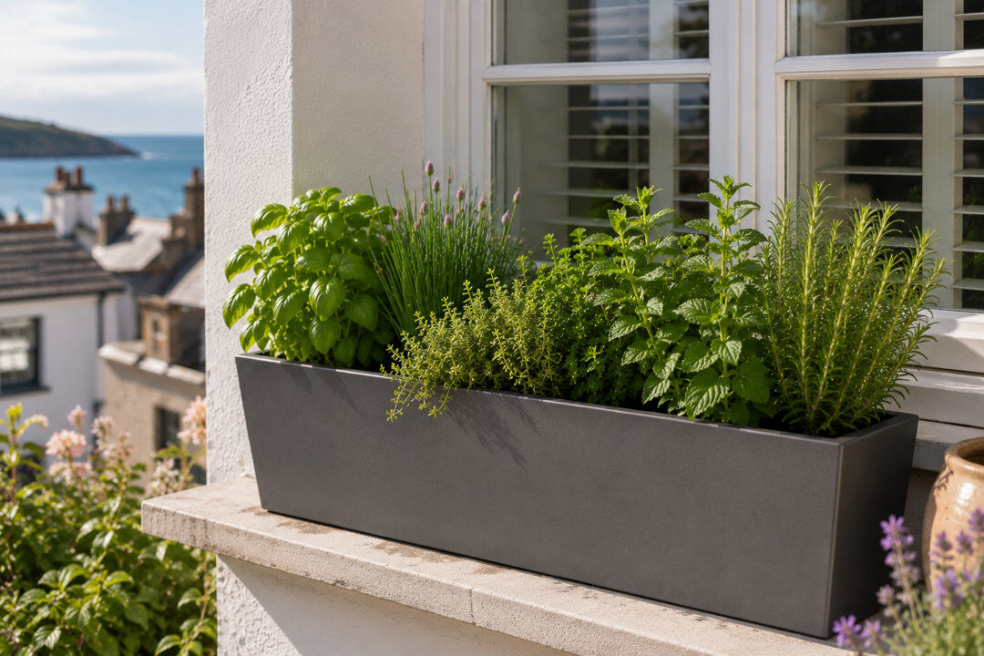 Dakota Fields Isla Trough Planter Pot, Concrete Effect Pot, Indoor and Outdoor Large Plant Pot with Drainage Hole Grey 40cm H x 25cm W x 79cm D