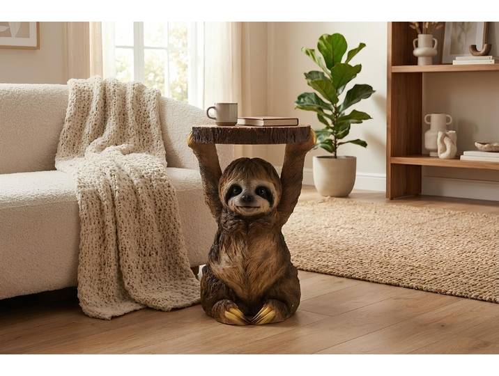 Runder Beistelltisch SLOTH 50cm grau braun Faultier-Skulptur handmade Säulentisch Modern & Design