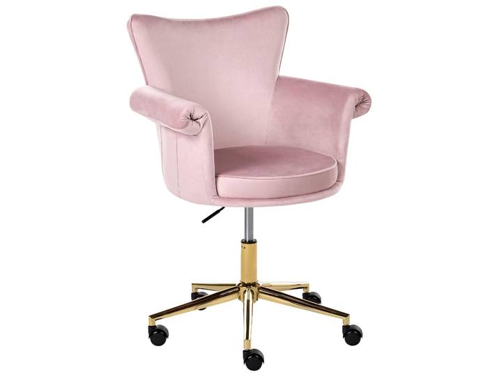 BELIANI Schreibtischstuhl Pastellrosa Samt Gepolstert Drehbar Höhenverstellbar Rollbar mit Armlehnen Luxus Homeoffice Schminkstuhl Make-up Drehstuhl