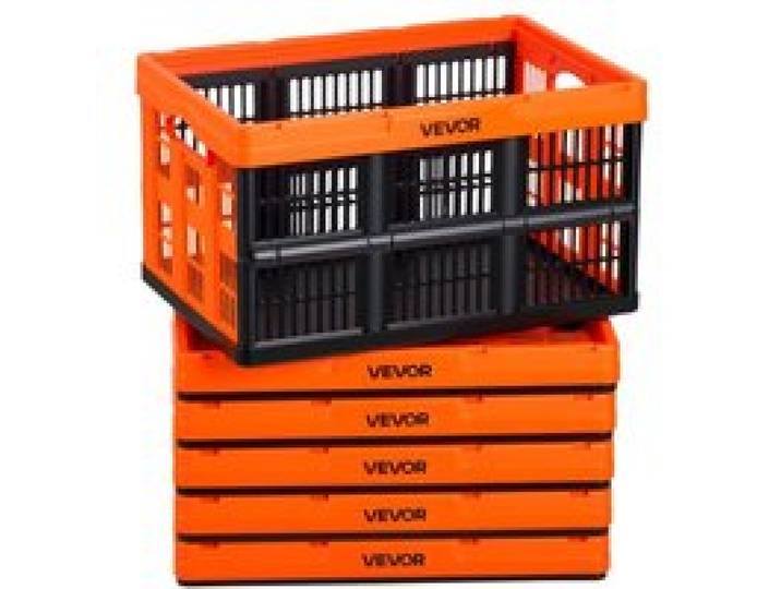 VEVOR Klappbox 45 L 6er-Pack, Faltbare Aufbewahrungsboxen aus Kunststoff, Stapelbare Klappkörbe mit Griffen, Tragkraft 15 kg pro Box, Klappkiste, Ideal für Haushaltsorganisation, Orange & Schwarz