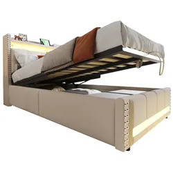 Polsterbett 90x200 cm mit LED-Beleuchtung und USB-Steckdose – modernes Design und praktischer Stauraum Beige
