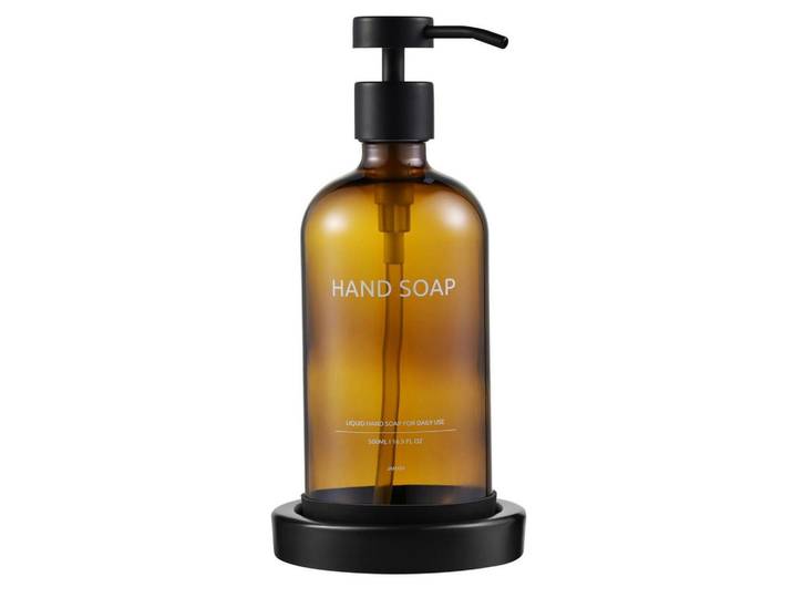 Seifenspender Glas 500ml mit Keramikschale Braun Schwarz, 12x13x6 cm, Badaccessoires, Seifenspender