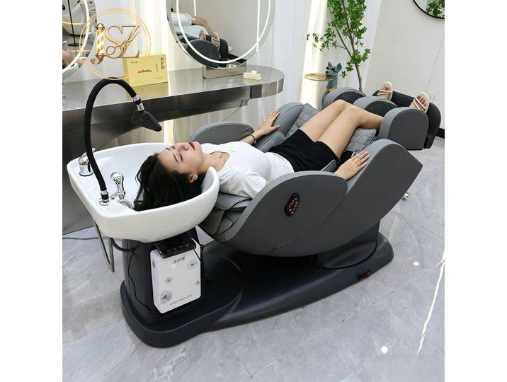 Fauteuil de lavage électrique moderne pour salon de coiffure, entièrement inclinable, avec bac de lavage intégré
