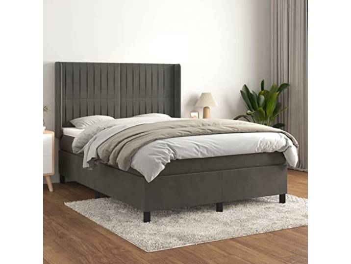 RJPLMFV Bettgestell, Velours, Dunkelgrau, 140 x 200 cm Verstellbares Kopfteil, Taschenfederkernmatratze, mittelharte Unterstützung, weicher Matratzenschoner
