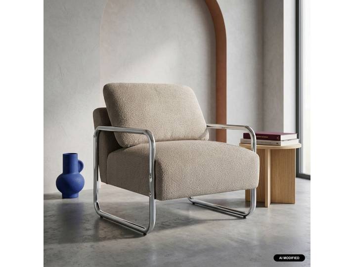 Sweeek - Fauteuil Vintage Tissu Chenille Armature Chromée Beige Foncé - Joe