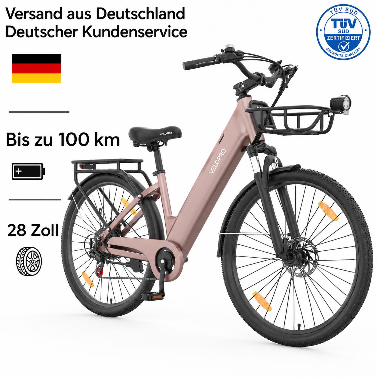 VELOPRO C1Pro Pedelec 28 Zoll E-Bike, 36V 18Ah Akku(80-100km), Shimano 7 Gang