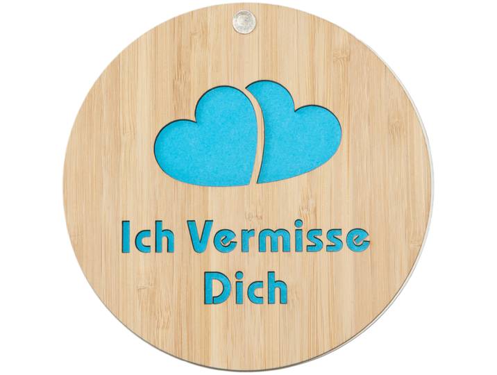 Grusskarte aus Bambus, Ich vermisse Dich, rund, blau, Klappkarte