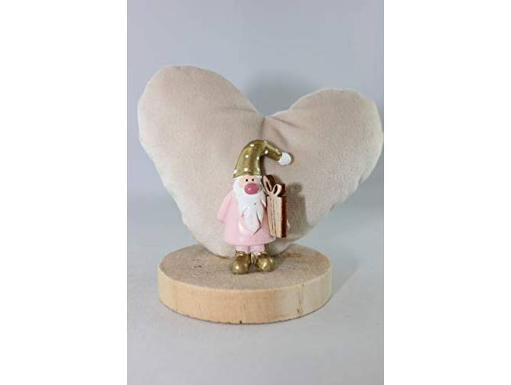 GILDE - 24684 - Weihnachtliche Deko, Nikolaus Santa Rolf mit Geschenk, vor Plüschherz, auf Holzplatte, Höhe 9cm
