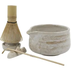 Chic Antique Matcha-Set aus Steingut und Bambus 6-teilig, Höhe 7,7 cm, Ø 11,5 cm - Naturbeige
