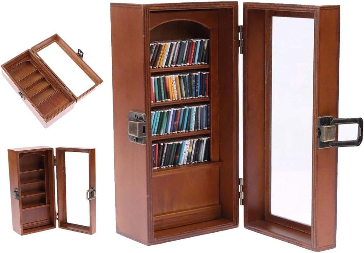 Handgemaakt houten miniatuur boekenrek in houtkleur, Breedte: 20 cm, Diepte: 10 cm