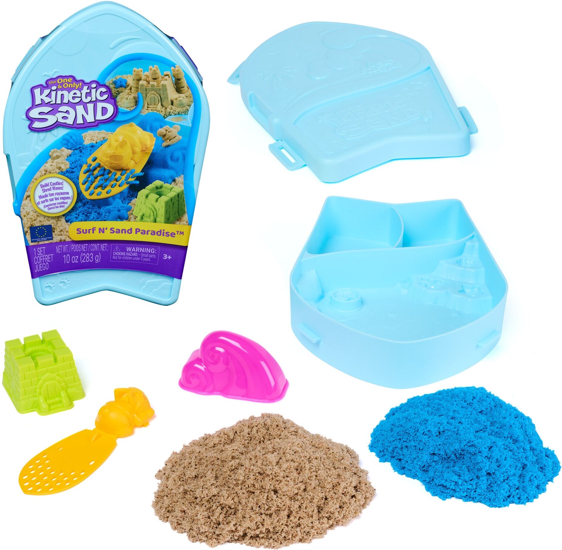 Spin Master Kinetic Sand Surf 'N Sand Paradise Playset - Beach-Themed Kinetic Sand Toy for Kids - 283g - Brown/Blue