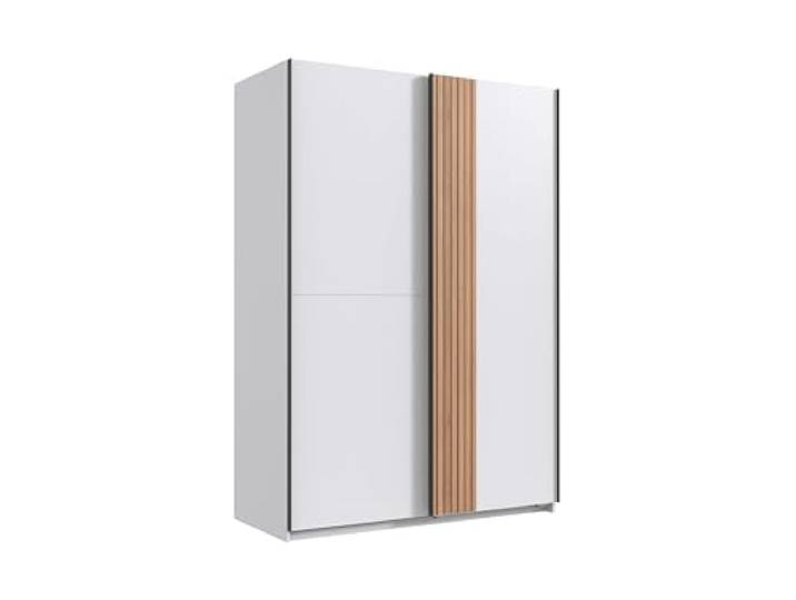 möbelando Schwebetürenschrank >Rügen< in Weiss + LAMELLEN Artisan DEKOR - 135x198x6cm B/H/T