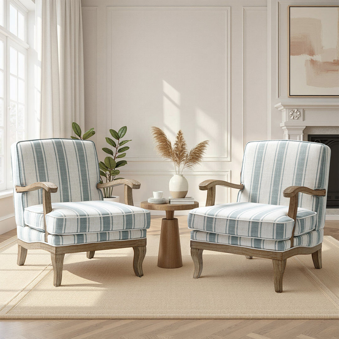 Beachcrest Home Peppone Country Wooden Upholstered Armchair with Solid Wood Armrests Set of 2 Blue 88.9cm H X 71cm W X 80cm D