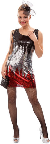 Paillettenkleid, schwarz/silber/rot