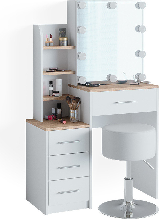 Vicco Conrada Kaptafelset met kruk en spiegel met LED-licht, Wit/Sonoma, Breedte: 80 cm