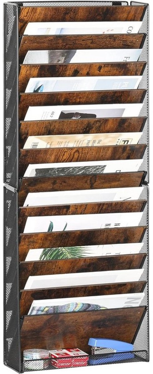 12-Tiers Wand File Organizer voor A4 Papier en Documenten - Houten Tijdschrift Houder voor Kantoor, Thuis en School - Zwart/Antiek