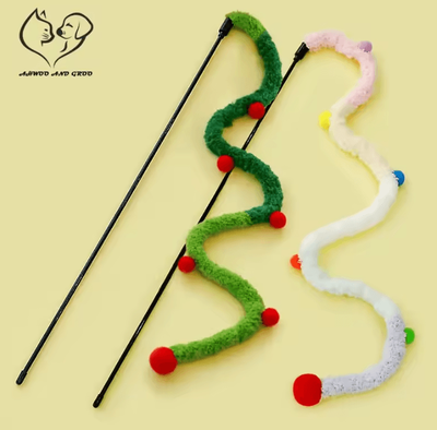 Inspire Curations Colorful Caterpillar Feather Cat Teaser Wand For Interactive Play green