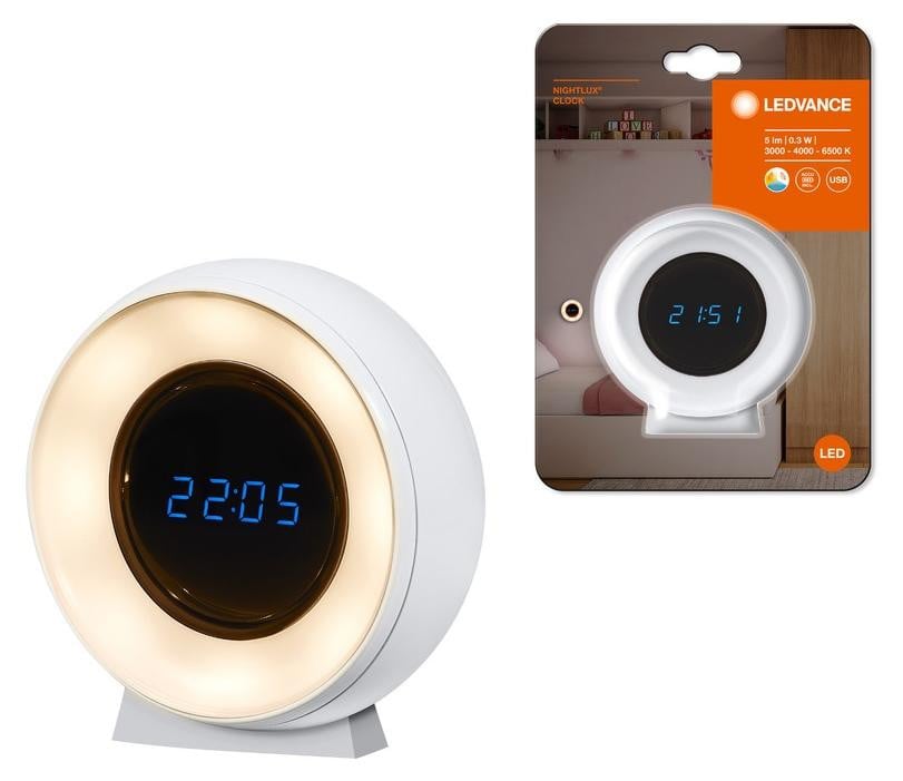 Ledvance Nightlux Clock LED Akku Nachtlicht met Digitale USB-uhr, Wit