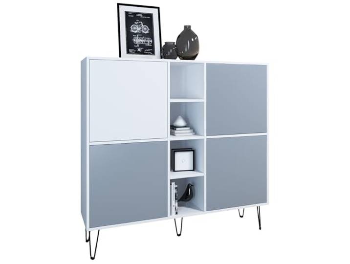 Vladon Highboard Havana V3, Kommode mit 4 Türen und 4 offene Fächer, Kommode Made in Germany, Weiß matt/Denim matt (130,5 x 124 x 35 cm)
