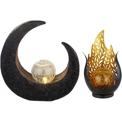 LED Solarleuchte Flamme Außenleuchte Garten Solarlampe Mond Gartenlampe, IP44 Akku, Crackle Glaskugel schwarz, 2er Set