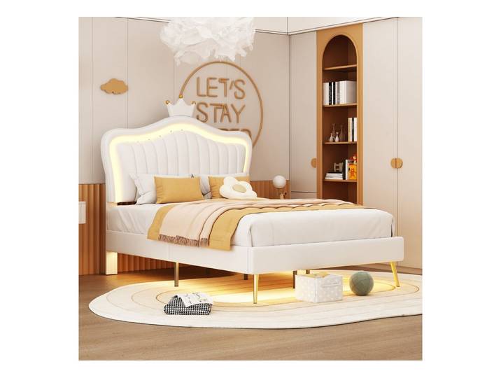 STILVORA Kinderbett 90x200 Polsterbet mit LED-Leuchten&Lattenrost,Jugendbett ohne Matratze (mit LED-Leuchten, Lattenrost und Rückenlehne(Matratze nicht enthaltet), Kronen-Doppelbettgestell), Ohne Matratze
