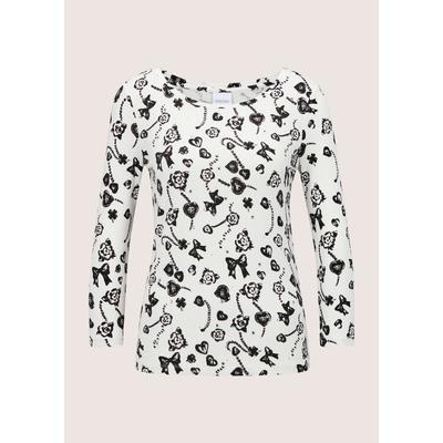 3/4-Arm-Shirt MADELEINE "Shirt Shirt mit Fantasy-Druck und Strass", Damen, Gr. 34, perlweiß, schwarz, Modern, gerade, Rundhals, Shirts 3/4-Arm-Shirt