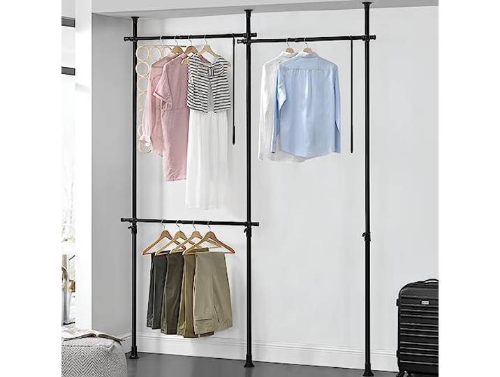 [en.casa] Teleskop Garderobensystem Kemi mit 3 Kleiderstangen zum Spannen Garderobenständer Schwarz Kleiderständer Teleskopstange verstellbar 150 – 230 cm Metall