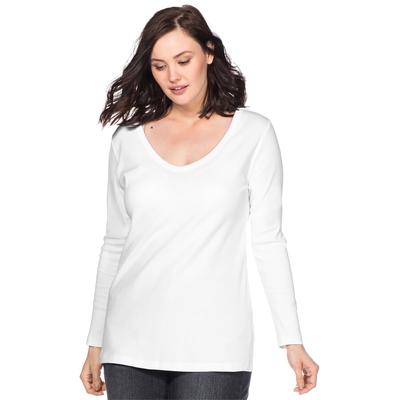 Langarmshirt SHEEGO "Langarmshirt", Damen, Gr. 52/54, weiß, 100% Baumwolle, unifarben, Rundhals, Shirts Langarmshirt