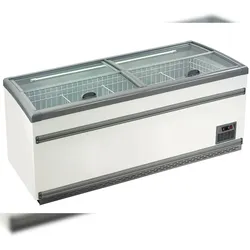 KLIMAITALIA Statische Insel mit geneigtem, flachem Glas. Vertikale Öffnung. LED-Beleuchtung. Automatisches Auftauen. Temperatur -18°C/-21°C. IGLOO21
