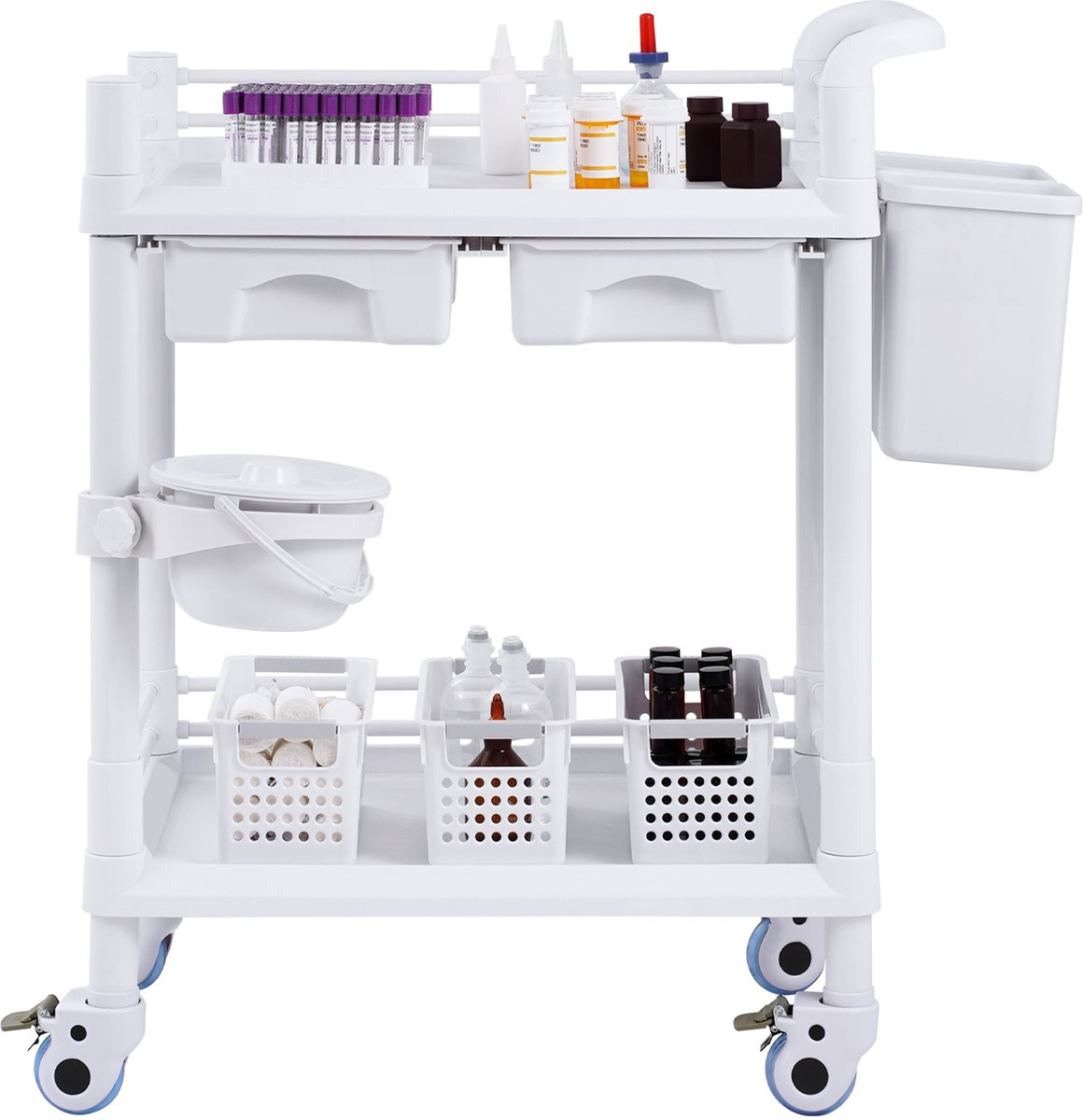 Multifunctionele Laboratoriumwagen met 2 Niveaus en 2 Lades, Mobiele Medische Trolley met 4 Zwenkwielen, Wit