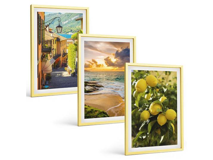 Tulup Bilder SET 3er Set - 40x60 cm Goldrahmen - Straßen, Meer, Strand, Zitrusbäume, Goldfarben, Kunststoff, Rechteckig, 40x60 cm, Fotografie, Bilder & Rahmen, Bilder