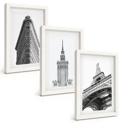 BILDER SET 3er Set - 20x30 cm Weißer Rahmen - Architektonische Schwarz-Weiß-Gebäude