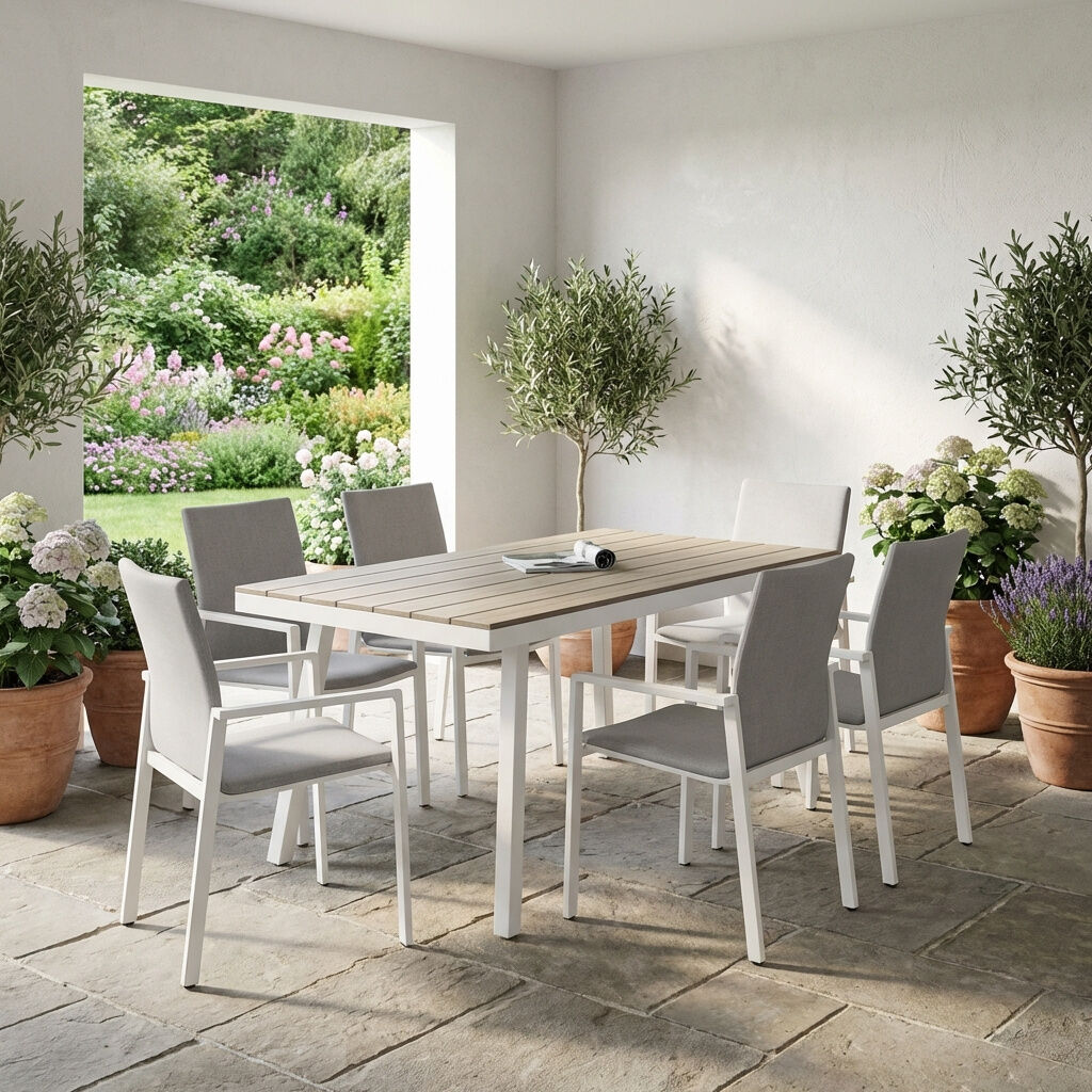 amicasa Alexbia Tavolo Da Giardino Rettangolare Set Tavolo + 6 Sedie In Polietilene Dimensioni 180x90x74 Cm Colore Bianco - Alex