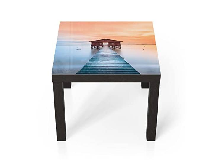 DEQORI Glastisch schwarz klein 55x55 cm Motiv Holzsteg mit Hütte ausgefallener Beistelltisch aus Glas Hochglanz Couchtisch fürs Wohnzimmer moderner Couch Tisch mit Design