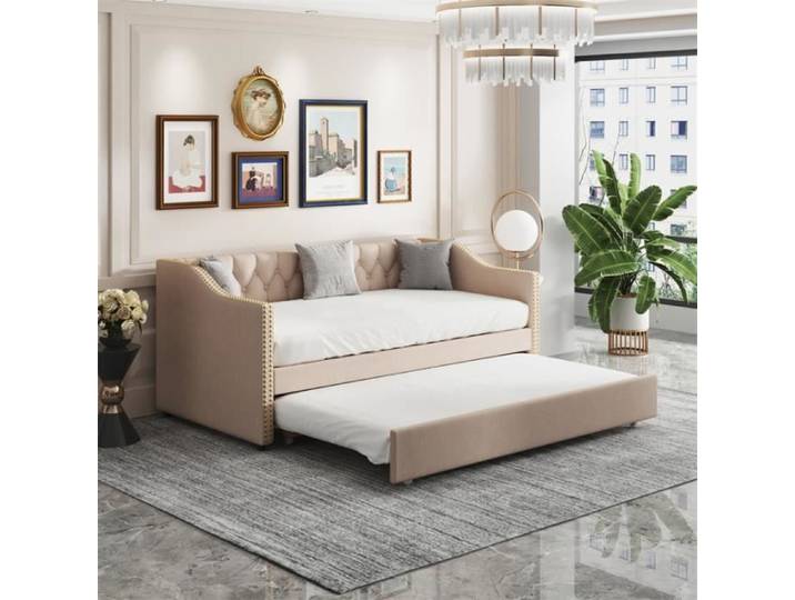 Lit gigogne 2x90x200cm - cadre en bois massif avec sommier à lattes sans matelas - beige