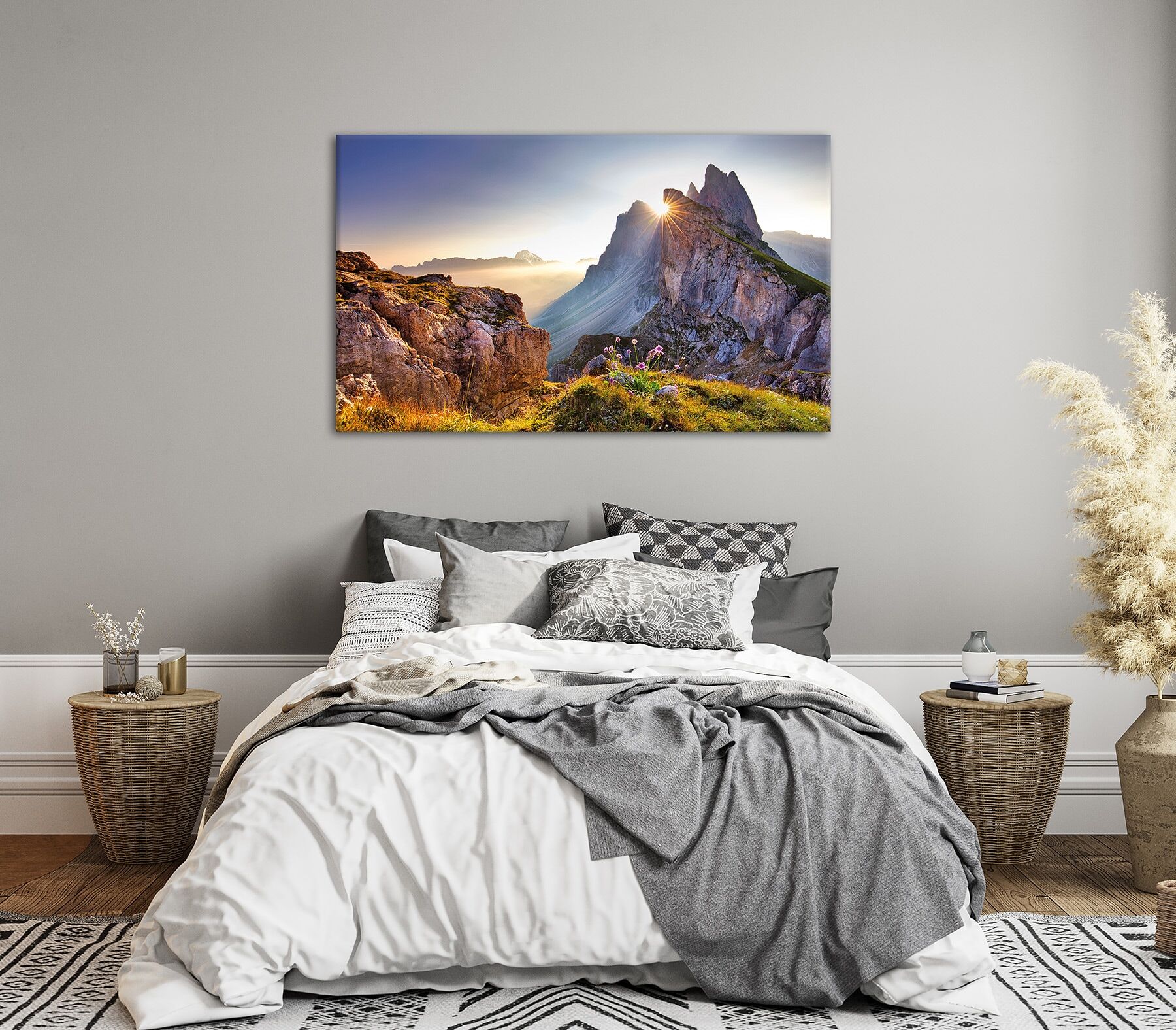 Leinwandbild BÖNNINGHOFF "Wandbild BERGLANDSCHAFT XXL 90x150 cm – Leinwandbild Keilrahmen Deko", bunt (farbe bild(er): orange, blau, weiß, grün), B:150cm H:90cm T:4,5cm, Canvas, MDF, Bilder, Leinwandbild, auf Keilrahmen gespannt farbe bild(er): orange, bl